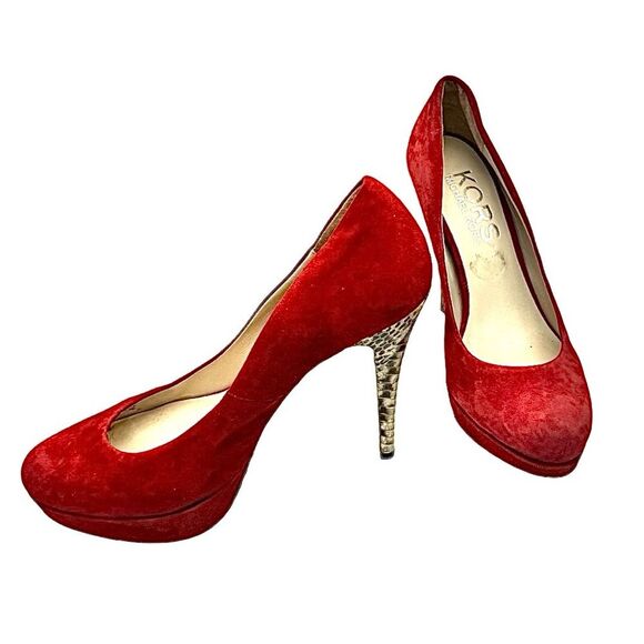 Michael Kors Red Suede 5” Platform Animal Print Soled Heels Size 8 Medium - Picture 4 of 11